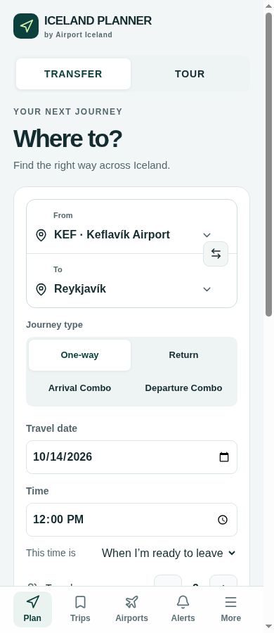 Actual Iceland Planner screen with From and To, journey type, date and time controls